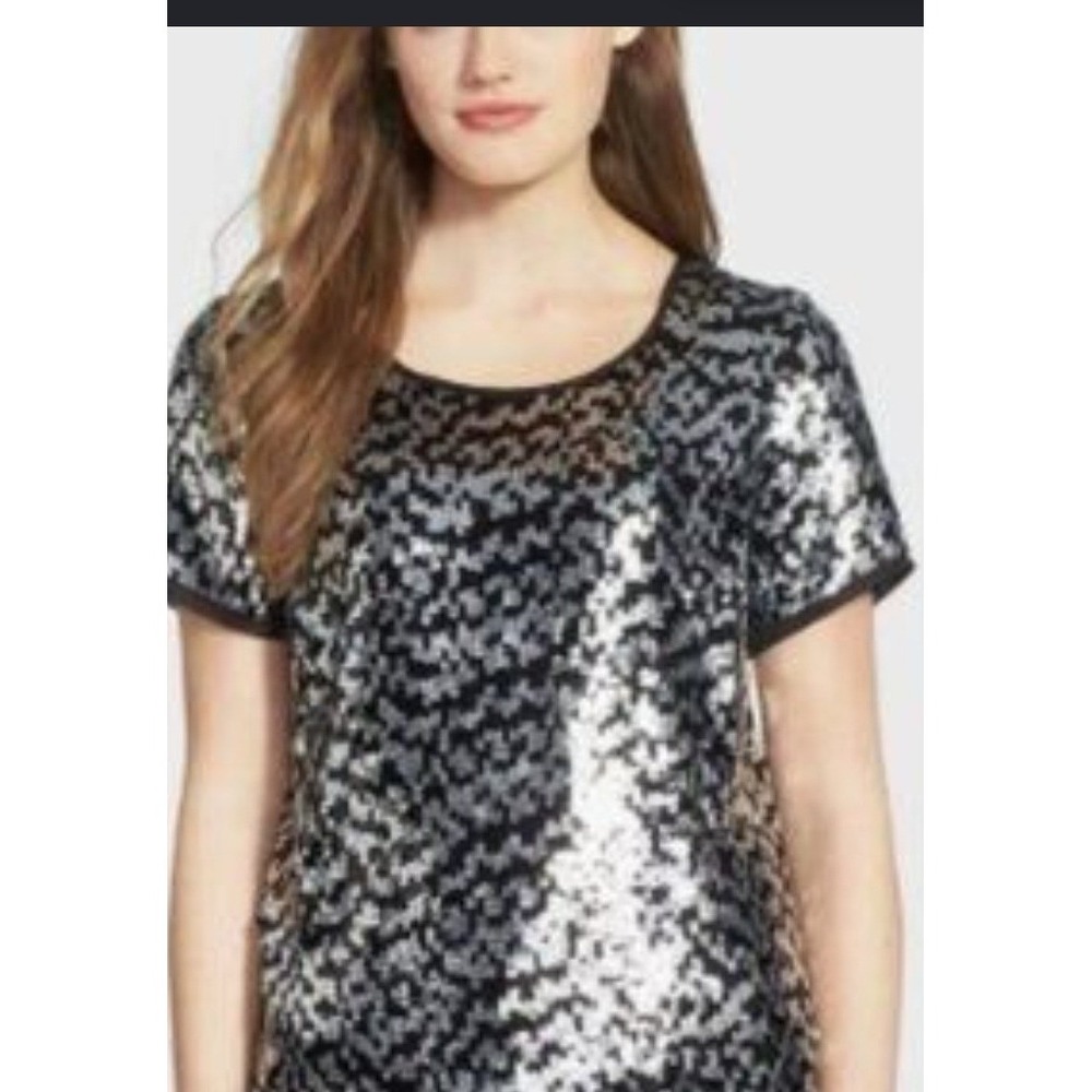Pleione‎ antrhopologie Top Women Small Silver Black Short Sleeve